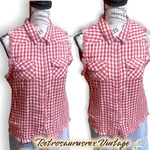 WHITE crow gingham check sleeveless cut off vtg style snap tank, large